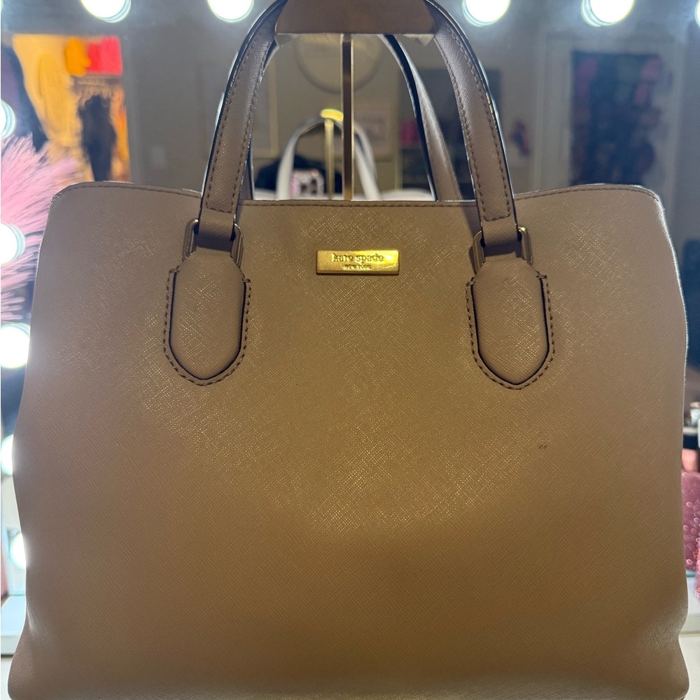 kate spade Taupe Saffiano Leather Satchel with Gold Plaque